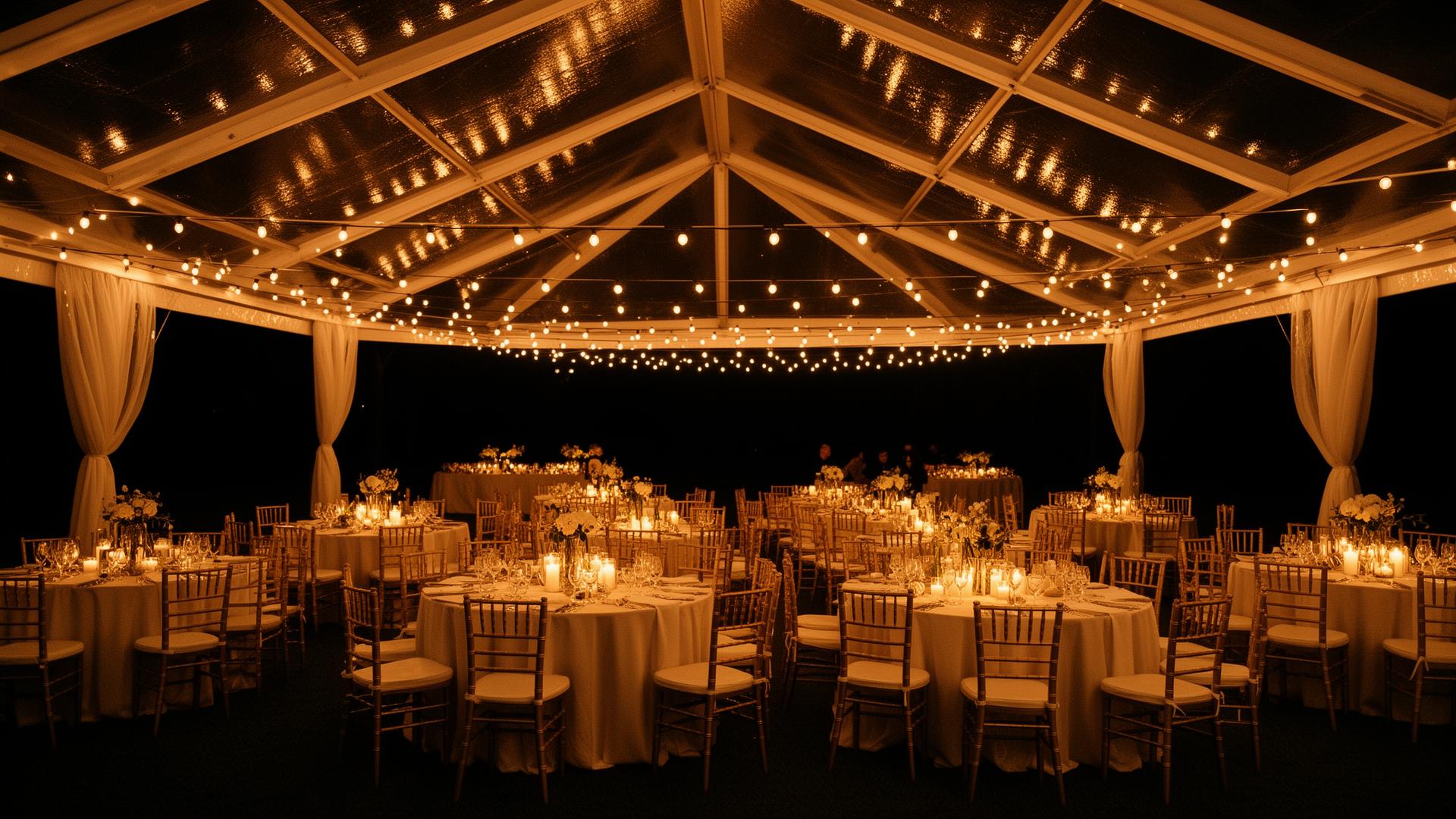 Elegant tented reception with gold chiavari chairs